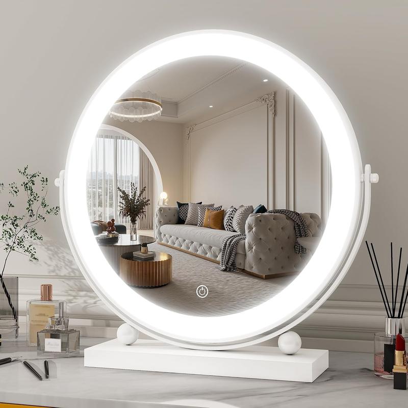 13 Inch Vanity Mirror with Lights, Round Make Up Mirror with Lighting, LED Mirror Makeup Mirror with Lights for Bedroom Tabletop, Smart Touch Control, 360 Rotation (White)