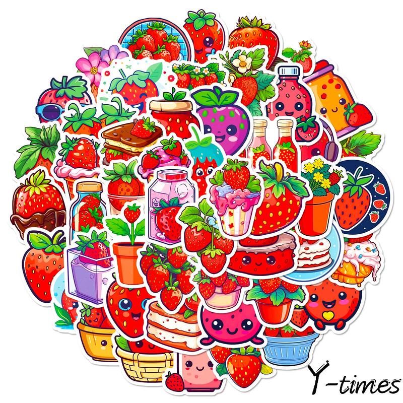 Cartoon Strawberry & Dessert Series Pattern DIY Decorative Sticker, 50pcs set Waterproof Self Adhesive Decor Paper, Decor Sticker for Gift Greeting Card Water Bottle Laptop Phone