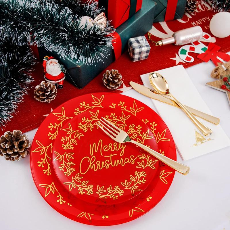 Nervure 175PCS Christmas Disposable Plates, Red and Gold Plastic Plates Set, Red Gold Dinnerware Set Includes: 50PCS Plates, 25Cutlery Sets, 25PCS Cups, 25PCS Napkins,for Christmas party, wedding