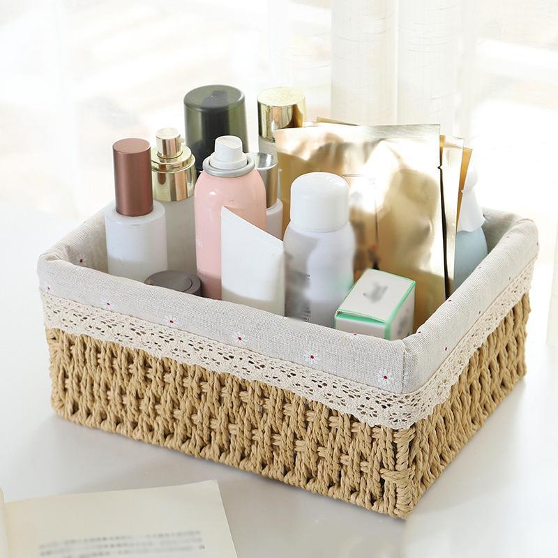 Random Color Rattan Woven Cosmetic Storage Basket, Makeup Organizer, Rectangular Wicker Basket Bin, Natural Woven Storage Organizer, Summer for Gifts