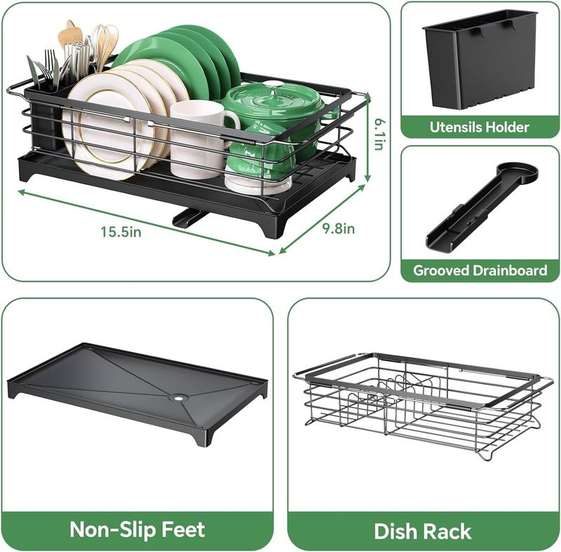 Dish Drying Rack in Sink Stainless Steel  Racks for Kitchen Counter Expandable Drainer with Removable Utensil Holder Black Organiser Set Box Tool