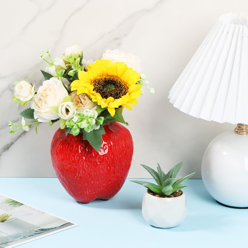 Strawberry Vase Ceramic Flower Vase Decorative Ceramic Vase Cute Strawberry Shape Vase Unique Vase for Flowers Realistic Strawberry Vase for Home Kitchen Office Decor Red