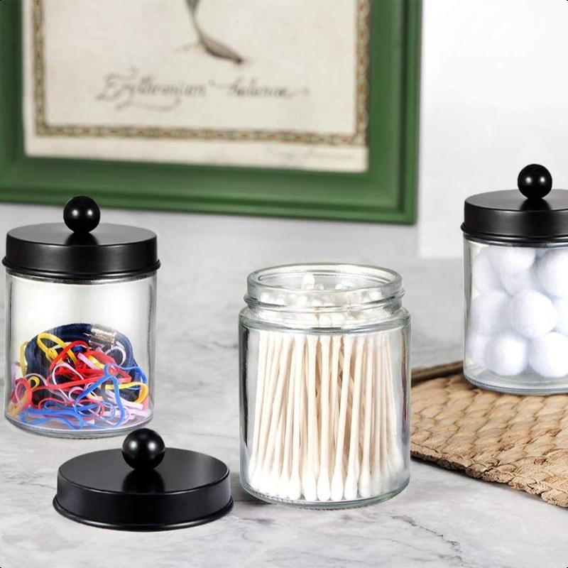 4-Pack Apothecary Jars Set - Bathroom Storage Organizer with Stainless Steel Lids & Stickers, Ideal for Qtip Dispenser (Black Glass)