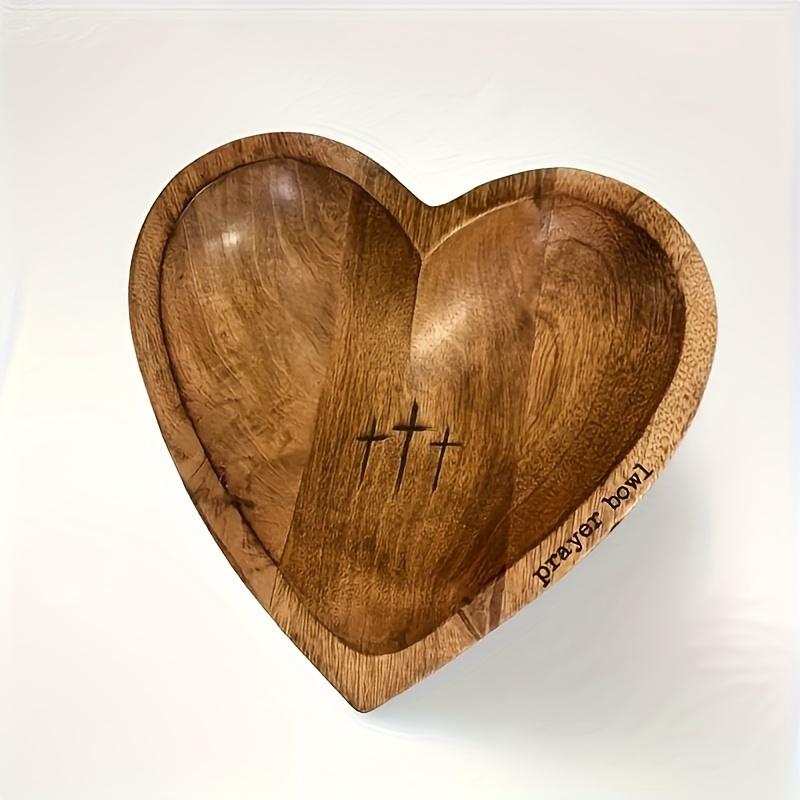 Vintage Heart-Shaped Wooden Prayer Bowl with Engraved Cross - Perfect for Home & Living Room Decor