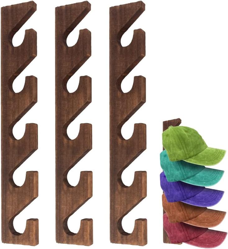 3 count Hat Rack for Baseball Caps, Wall Mounted Wooden Hat Storage Organizer Hanger, Wall Vertical Hat Holder Caps Display Rack for Closet Door Bedroom Living Room Entryroom Laundry (Brown )