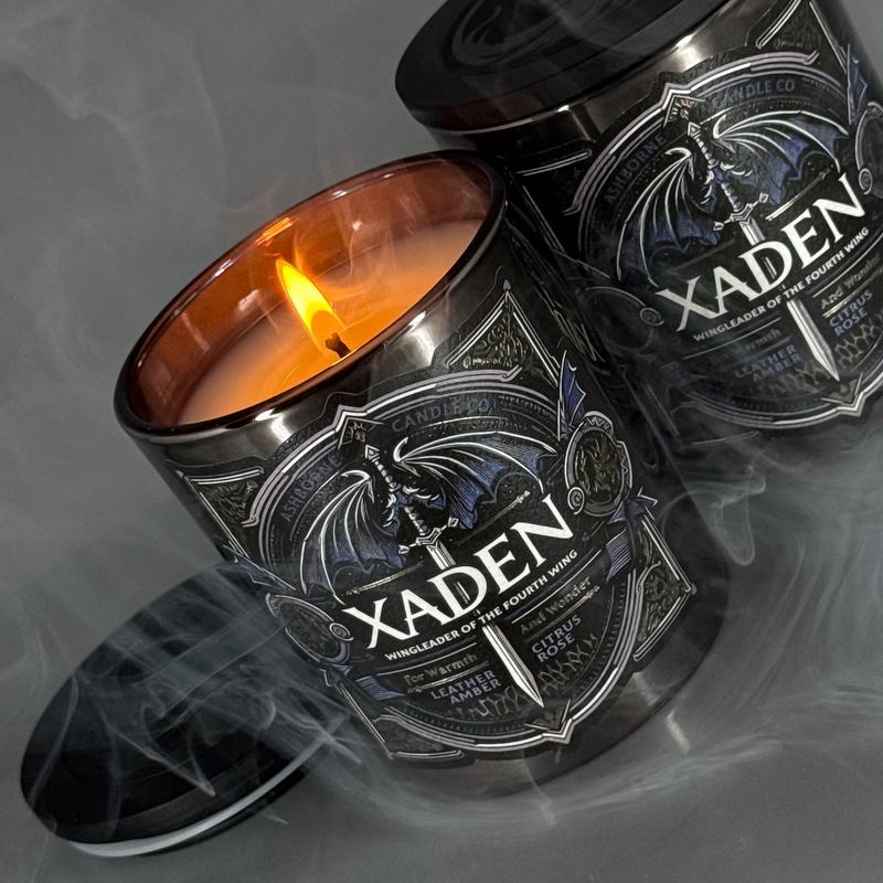 Xaden - Fourth Wing Inspired 8oz Scented Candle - Leather, Amber, Citrus, Rose - Natural Coconut Wax - 35 h Burn Time - Premium Foil Label dark candles