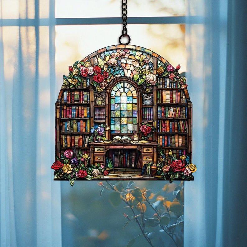 Book Lover’s Library Bookshelf Suncatcher, Acrylic Faux Stained Glass, Bookish Window Hanging Decor, Librarian and Teacher Gift Room Decor