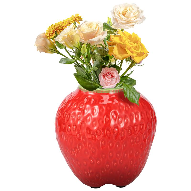 Strawberry Vase Ceramic Flower Vase Decorative Ceramic Vase Cute Strawberry Shape Vase Unique Vase for Flowers Realistic Strawberry Vase for Home Kitchen Office Decor Red