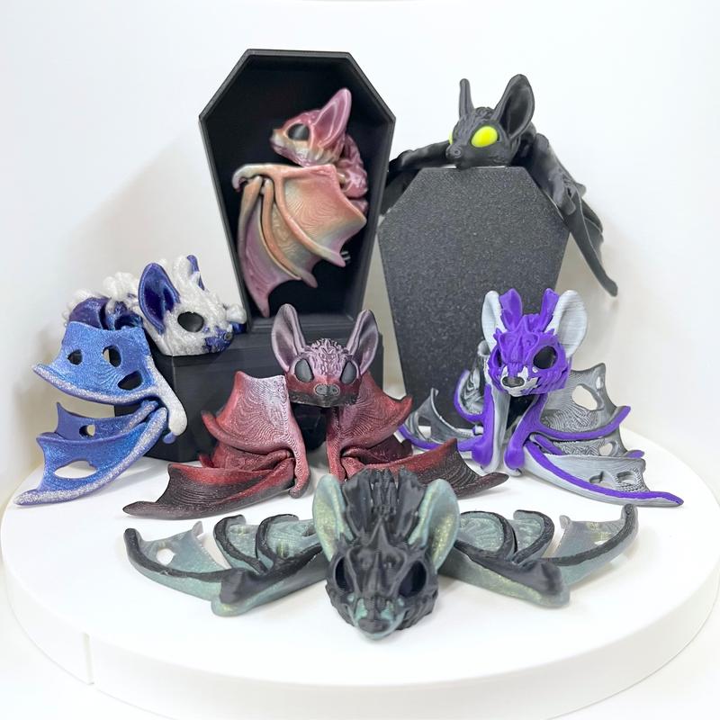 Articulated Bat Figurine with Black Coffin Container 3D Printed Decor Nature Ornaments Box Boxes Box Boxes