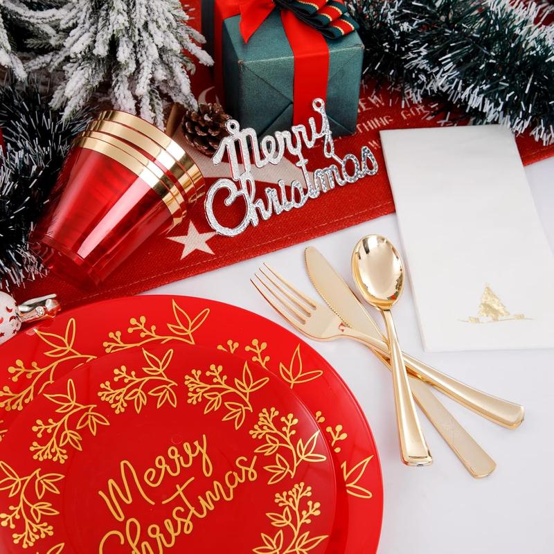 Nervure 175PCS Christmas Disposable Plates, Red and Gold Plastic Plates Set, Red Gold Dinnerware Set Includes: 50PCS Plates, 25Cutlery Sets, 25PCS Cups, 25PCS Napkins,for Christmas party, wedding