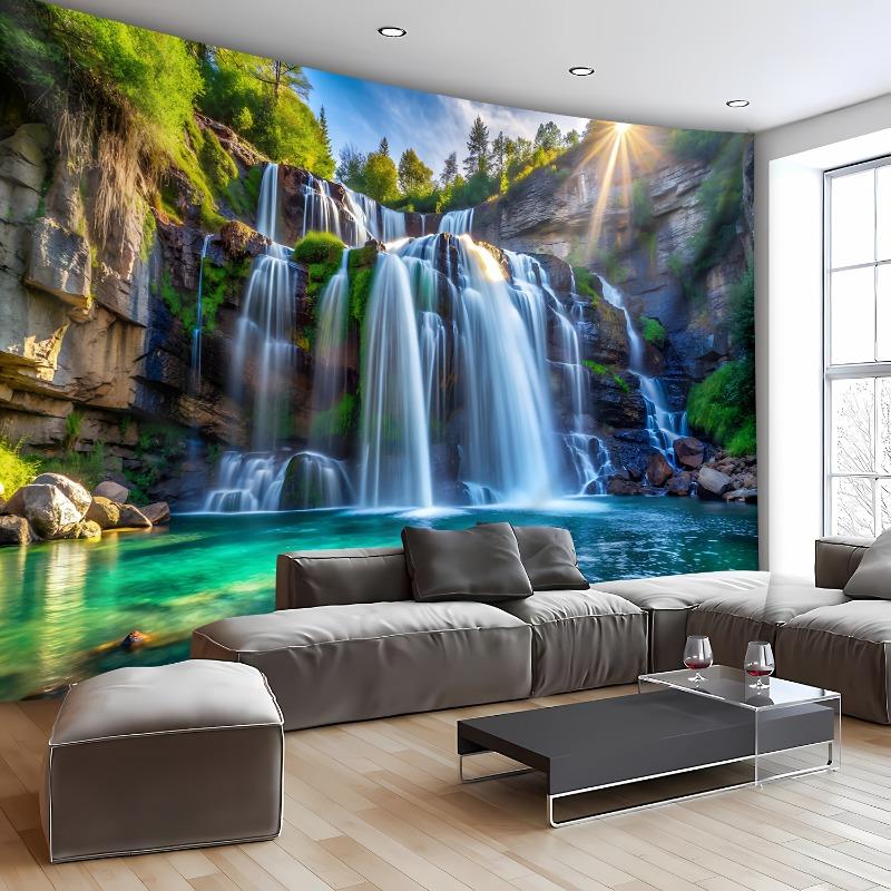 Christmas 2024 Ornament - Extra-Large Waterfall & Sunlit Landscape Tapestry - Polyester Wall Hanging for Living Room, Bedroom, Office Decor - Easy Install