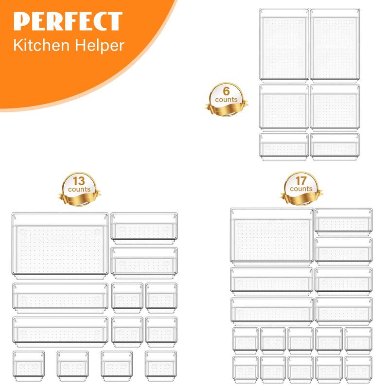 Clear Drawer Storage Box, 6 Counts 13pcs 17pcs Multifunctional Bathroom & Dressing Table Drawer Organizer Tray, Kitchen & Office Storage Box