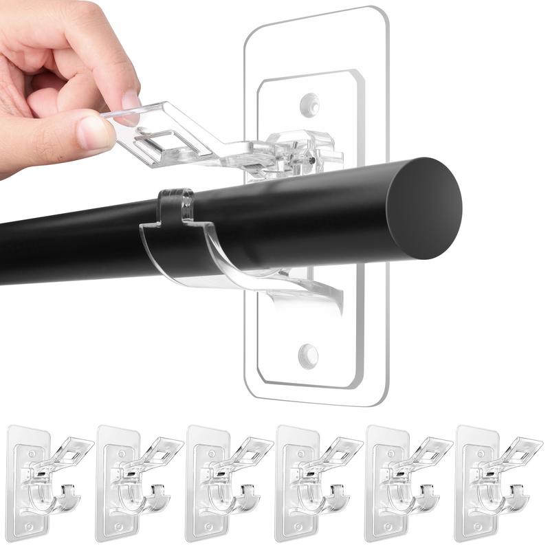 6-Pack No Drill Needed Curtain Rod Holders Brackets, Self Adhesive Rod Holder Hooks, Multipurpose Nail Free Stick on Curtain Rod Hooks