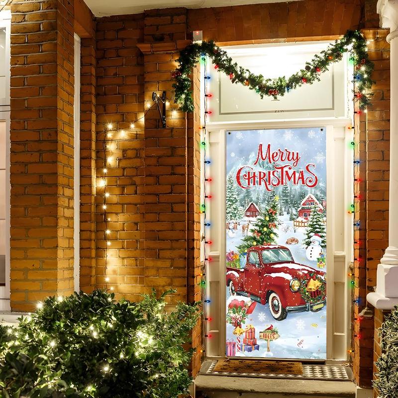 Merry Christmas Car Pattern Door Banner, 1 Count Christmas Themed Door Banner with 4 Grommets, Festive & Party Supplies for Home & Outdoor