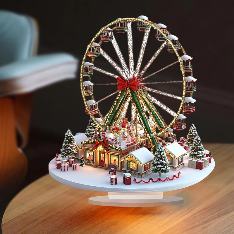 1 One Bohemian Acrylic Christmas Village Ferris Wheel Decoration-Multi-Functional Desktop Display, Snow House Scene, 2D HD Art, Suitable for Home, Office, Cafe-Perfect Christmas, Thanksgiving Decoration-Unique Holiday Gift