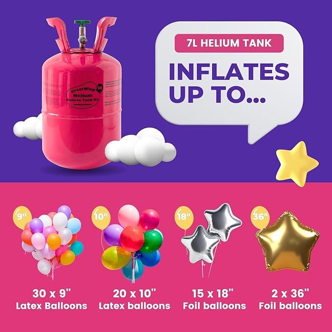 GreatWhip 7L Helium Tank Cylinder Up To 30 Latex Balloons, Helium Tank For Balloons At Home balloon  pump