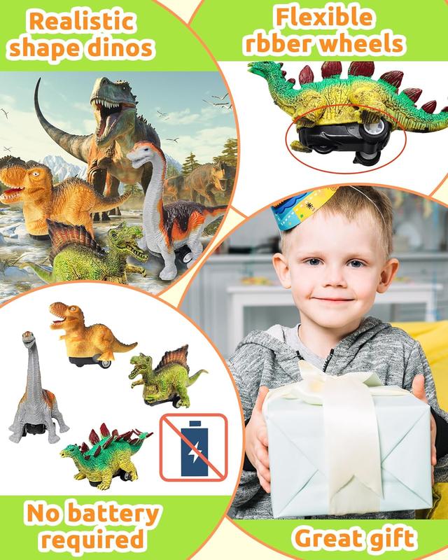 4 Pack Dinosaur Pull Back Cars Toys, Toddler Stocking Stuffers Easter Basket Egg Fillers Easter Gifts Montessori Toys Stocking Stuffers for Kids Boys Girls Ages 2-4, 3-5, 4-8