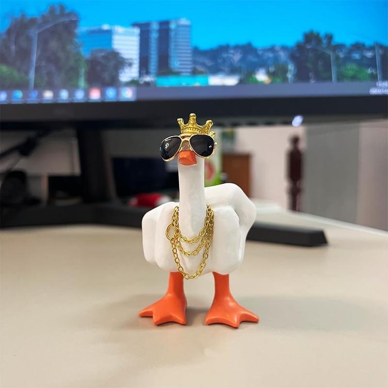 Finger Duck King Collectibles Sculpture Statue, Funny Duck Resin Figurine with Mini Crown Glasses and Necklace, Cool Home Decoration, Car Accessories Home Office Desk