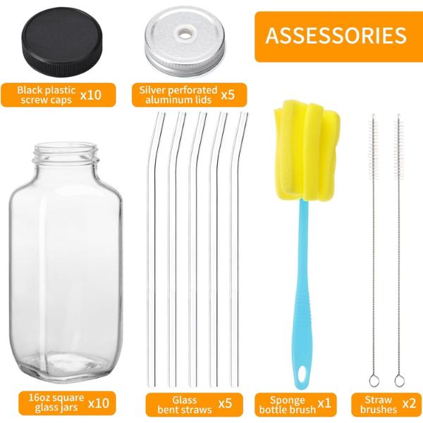 10pcs 16oz Glass Juice Bottles with Lids, Reusable Juice Containers Drinking Jars Water Cups with Brush, Glass Straws, Lids with Hole