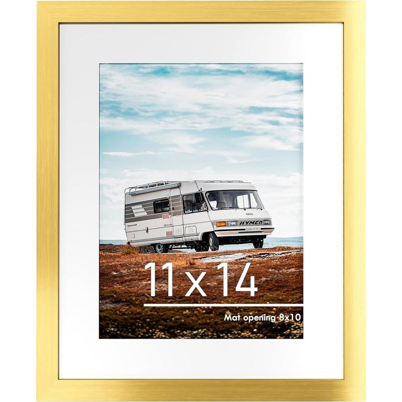 11x14 Picture Frame, Display Pictures 8 x 10 with Mat or 11 x 14 Without Mat for Wall Mounting Display, Photo Frames, Gold.