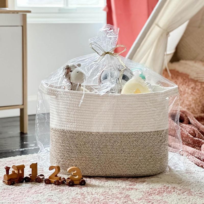 Woven Storage Basket for Shelves, Cotton Rope Toy Bin, Empty Gift Basket with Handles, Square Baskets for Storage, Brown and White Storage Bin, 13 X 10 X 9 Inches