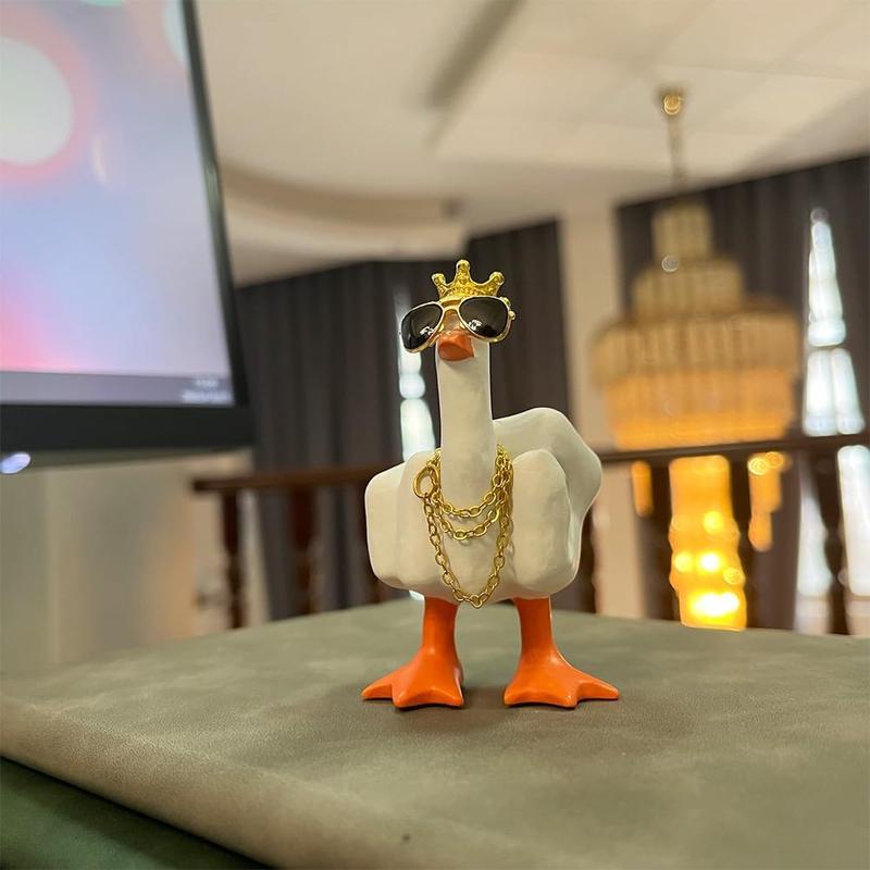 Finger Duck King Collectibles Sculpture Statue, Funny Duck Resin Figurine with Mini Crown Glasses and Necklace, Cool Home Decoration, Car Accessories Home Office Desk