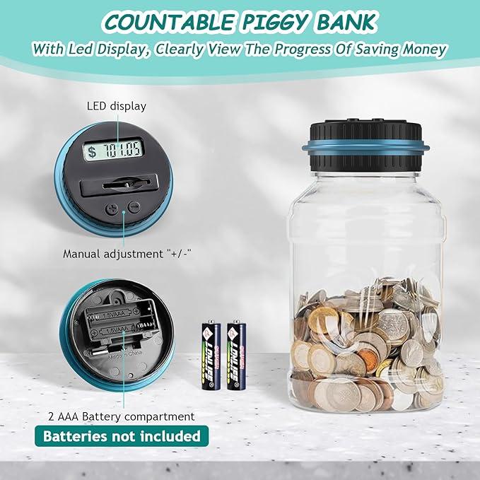 Coin Piggy Bank Saving Jar,1.8L Digital Coin Counter with LCD Display Large Capacity Money Saving Box for All US Coins (Blue)