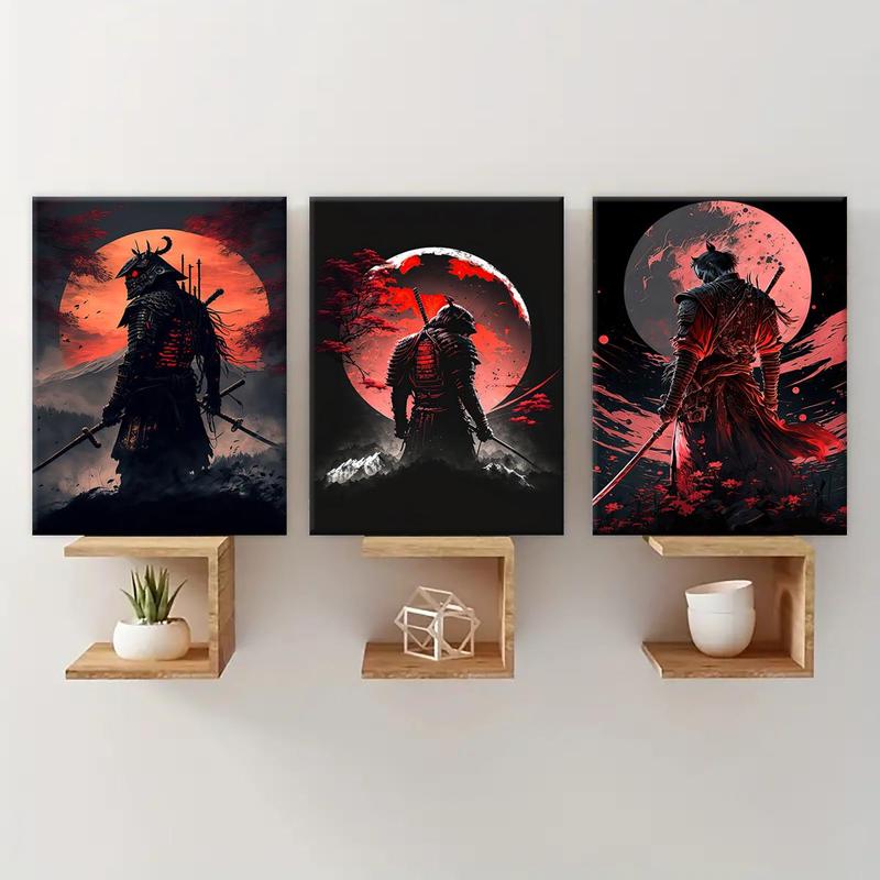 Wooden Framed Canvas Painting, 3 Counts set Samurai Pattern Wall Art, Modern Art Wall Decor, Home Decoration Poster for Living Room, Bedroom, Christmas 2024 Ornament, Christmas Gift Ideas, Stocking Stuffers