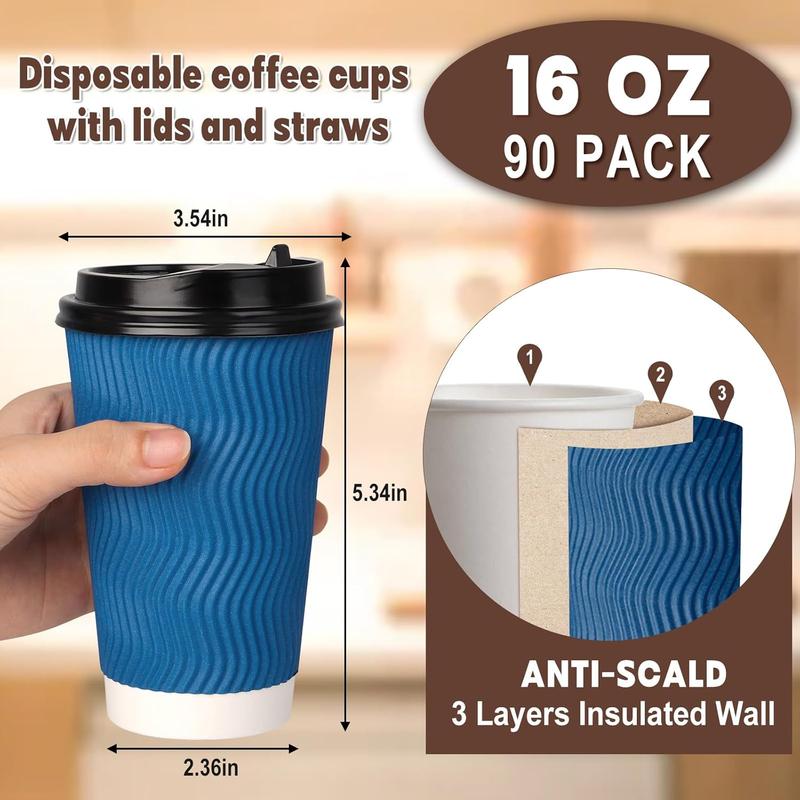 90 Pack 16-oz Disposable Coffee Cups with Lids and Straws, Insulate Ripple Wall To Go Coffee Cups Hot Coffee Tea Beverage Chocolate, Paper Cups for Home Office Cafe(Black & Blue)