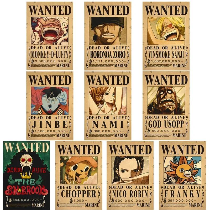 10PCS One Piece Anime Straw Hat Pirates Wanted Poster Vintage Kraft Pape Painting Living Room Bed Room Wall Decorate