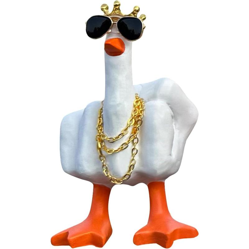 Finger Duck King Collectibles Sculpture Statue, Funny Duck Resin Figurine with Mini Crown Glasses and Necklace, Cool Home Decoration, Car Accessories Home Office Desk