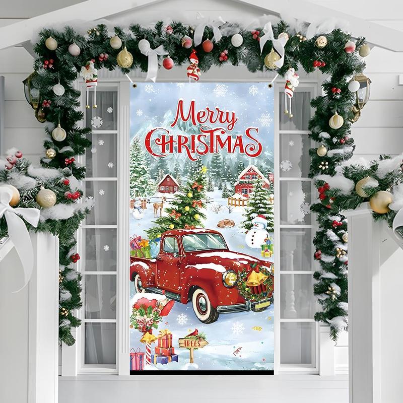 Merry Christmas Car Pattern Door Banner, 1 Count Christmas Themed Door Banner with 4 Grommets, Festive & Party Supplies for Home & Outdoor