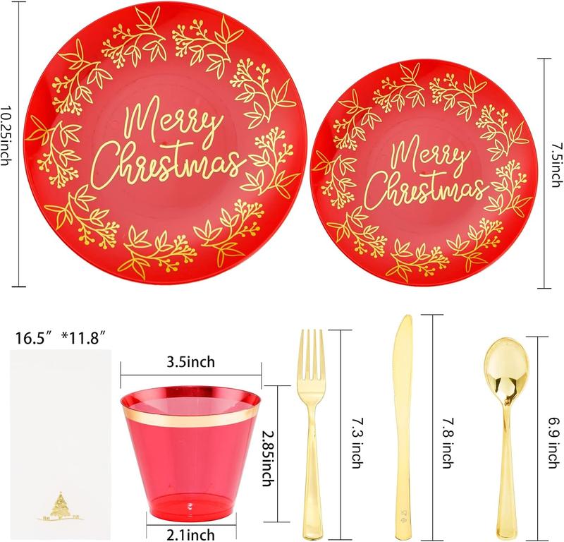 Nervure 175PCS Christmas Disposable Plates, Red and Gold Plastic Plates Set, Red Gold Dinnerware Set Includes: 50PCS Plates, 25Cutlery Sets, 25PCS Cups, 25PCS Napkins,for Christmas party, wedding