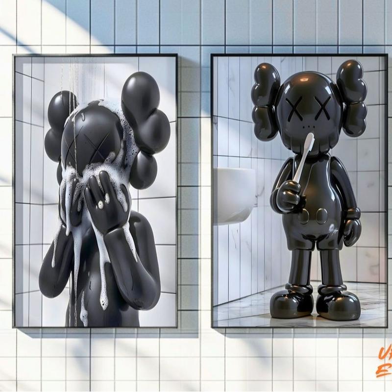 Set of 2 Black Kaws in Shower & Toothbrush Kaws, Kaws Poster, HypeBeast Prints, Washroom Wall Art, Bathroom Decor Decoration Retro