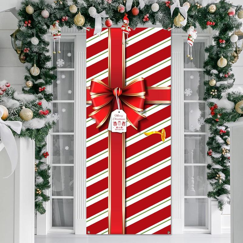 Christmas Door Cover Decoration Merry Box Bowknot Photography Backdrop Outdoor Sign for Home Wall Indoor Outdoor Party 35.4''*78.7''(Red)