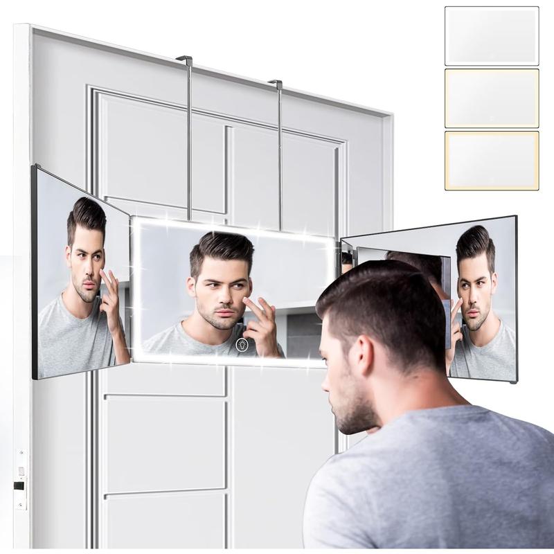 3 Way Mirror with 3 Colors Light, Rechargeable Self Cut Mirror Trifold Mirrors, Adjustable Barber Mirror Telescoping Hooks for Self Hair Portable