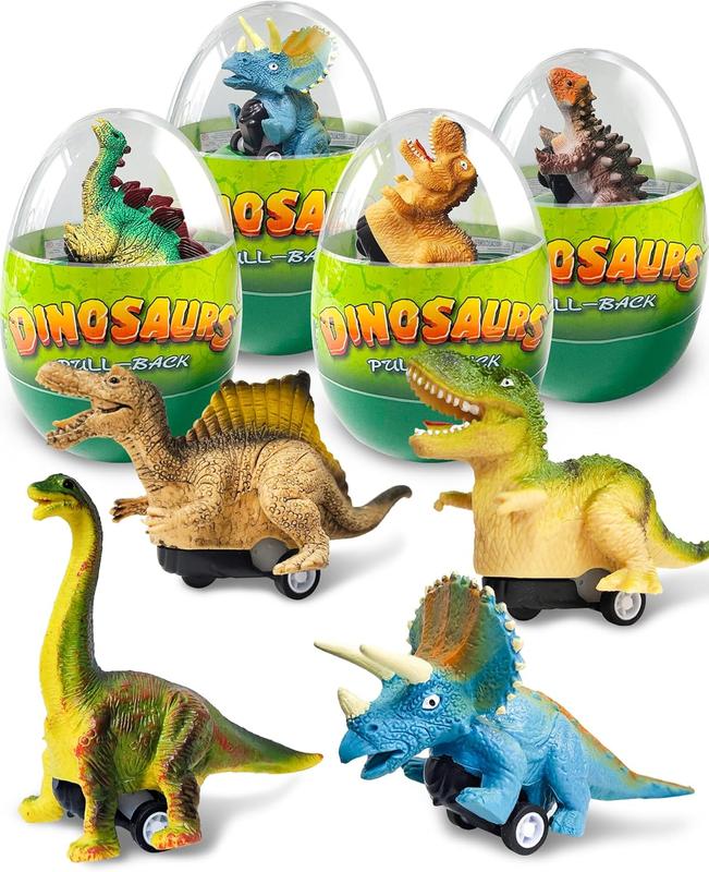 4 Pack Dinosaur Pull Back Cars Toys, Toddler Stocking Stuffers Easter Basket Egg Fillers Easter Gifts Montessori Toys Stocking Stuffers for Kids Boys Girls Ages 2-4, 3-5, 4-8