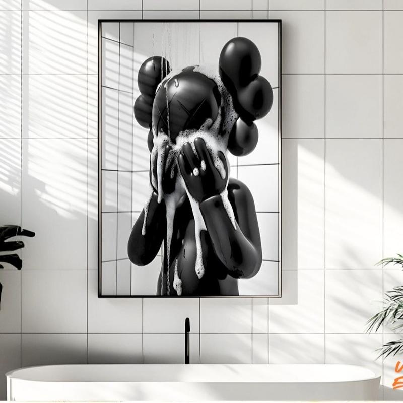 Set of 2 Black Kaws in Shower & Toothbrush Kaws, Kaws Poster, HypeBeast Prints, Washroom Wall Art, Bathroom Decor Decoration Retro