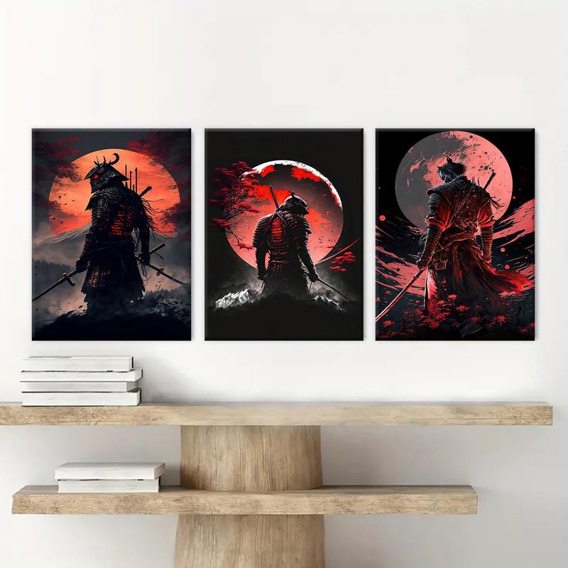 Wooden Framed Canvas Painting, 3 Counts set Samurai Pattern Wall Art, Modern Art Wall Decor, Home Decoration Poster for Living Room, Bedroom, Christmas 2024 Ornament, Christmas Gift Ideas, Stocking Stuffers