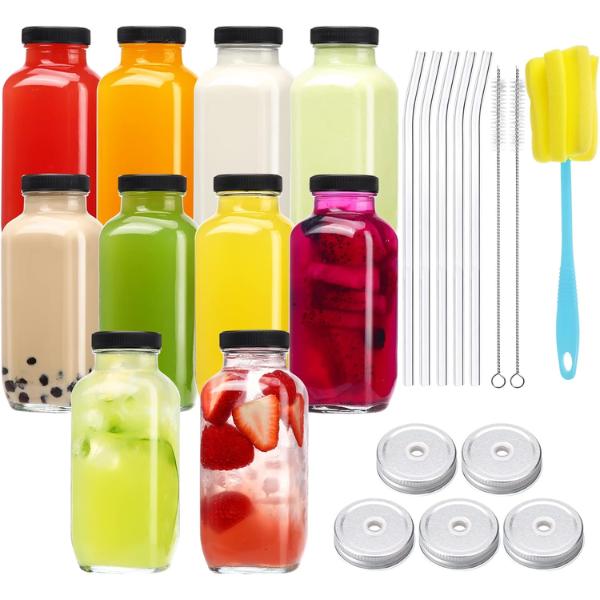 10pcs 16oz Glass Juice Bottles with Lids, Reusable Juice Containers Drinking Jars Water Cups with Brush, Glass Straws, Lids with Hole