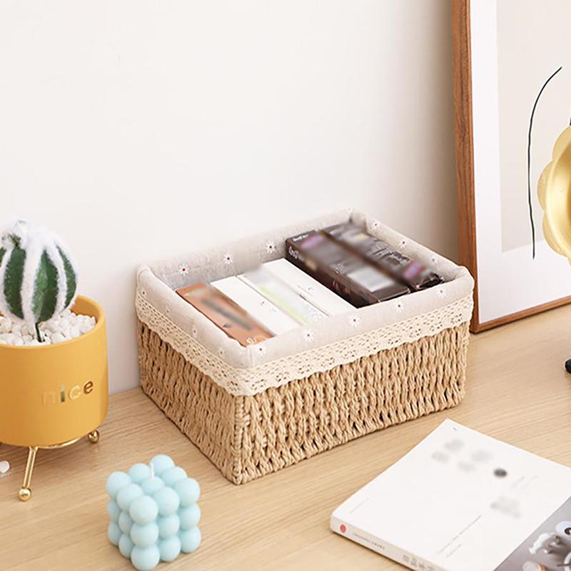 Random Color Rattan Woven Cosmetic Storage Basket, Makeup Organizer, Rectangular Wicker Basket Bin, Natural Woven Storage Organizer, Summer for Gifts