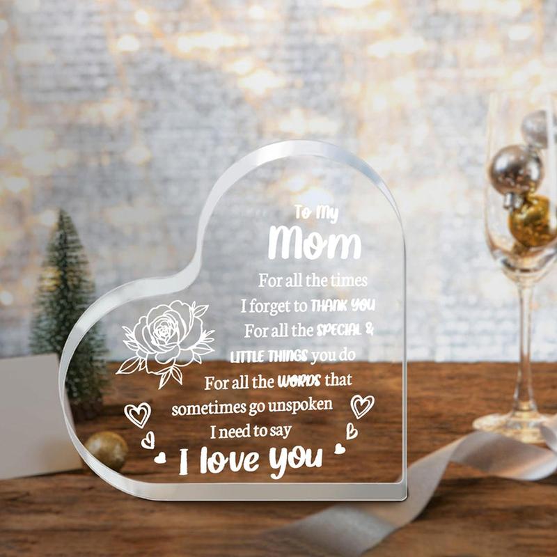 Heart Shaped Acrylic Block, Flower & Letter Pattern Decorative Ornament,  Room Decor Inspirational Creative Gift for Mom