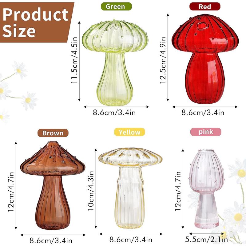 5 count Mushroom Shaped Glass Vase, Planters Clear Hydroponic Vase,   for Decorative Centerpiece,Table Decor,Home Wedding Party (5 Color)