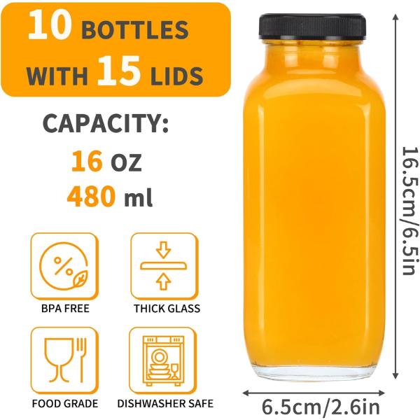 10pcs 16oz Glass Juice Bottles with Lids, Reusable Juice Containers Drinking Jars Water Cups with Brush, Glass Straws, Lids with Hole