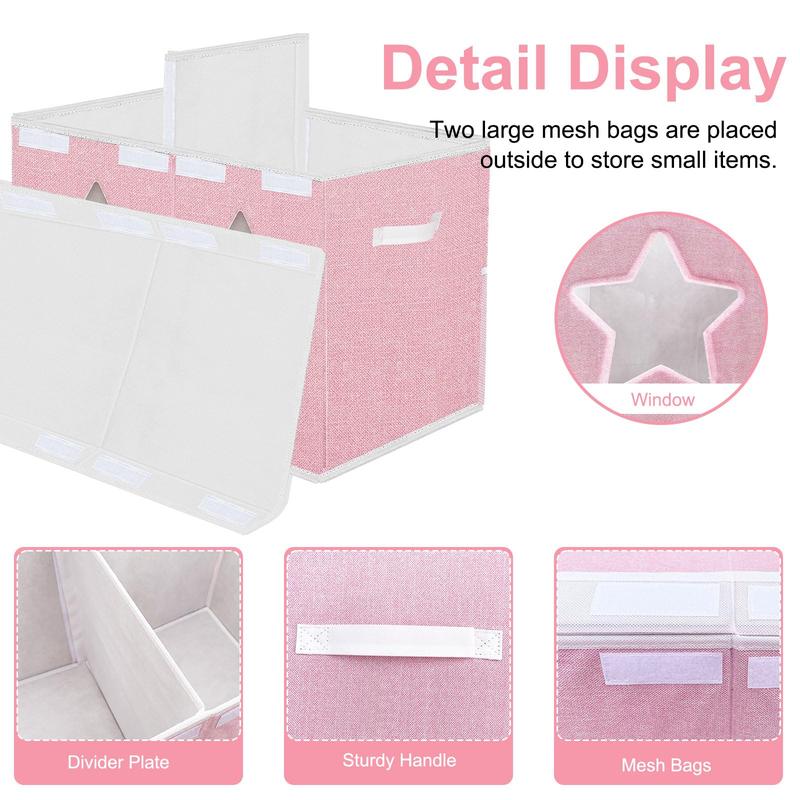 Large Toy Box for Girls, Toy Chest Box Organizer Bins with Star Transparent Windows, Sturdy Handles and Mesh Bag, Foldable Large Size Storage Box for Nursery, Playroom, Bedroom