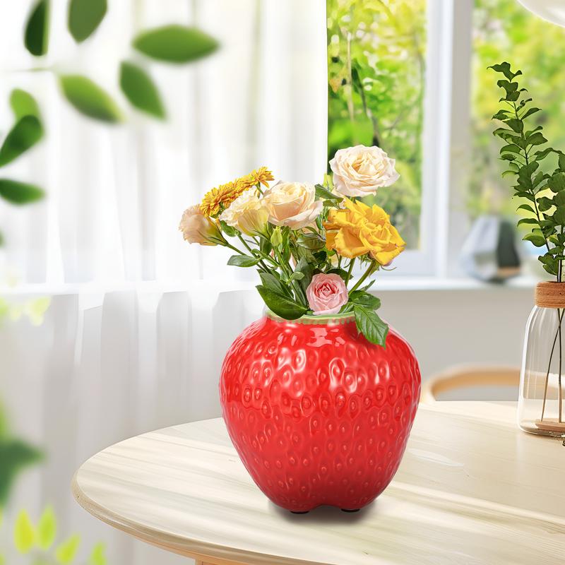 Strawberry Vase Ceramic Flower Vase Decorative Ceramic Vase Cute Strawberry Shape Vase Unique Vase for Flowers Realistic Strawberry Vase for Home Kitchen Office Decor Red