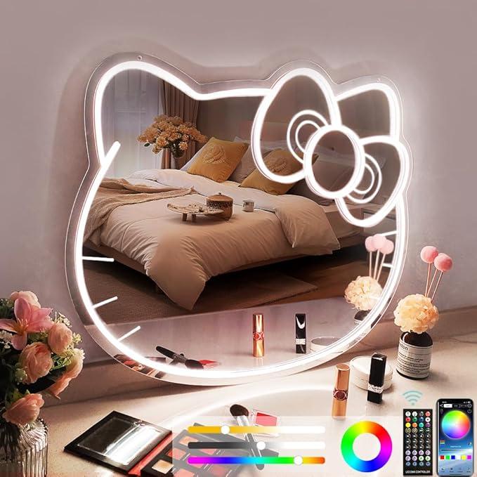 Hello Kit Mirror Stress relief toys Dimmable Hello Kit Vanity Mirror with Lights 200+ Kinds of Color,Acrylic Hello Kit Led Mirror with Remote & App Control, Kitty Neon Mirror Wall Mirror, Children's Favorite