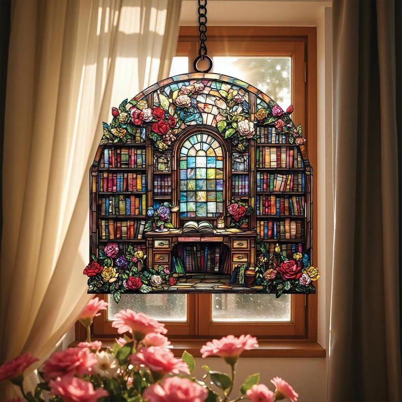 Book Lover’s Library Bookshelf Suncatcher, Acrylic Faux Stained Glass, Bookish Window Hanging Decor, Librarian and Teacher Gift Room Decor