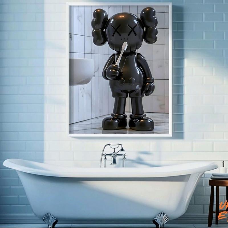 Set of 2 Black Kaws in Shower & Toothbrush Kaws, Kaws Poster, HypeBeast Prints, Washroom Wall Art, Bathroom Decor Decoration Retro