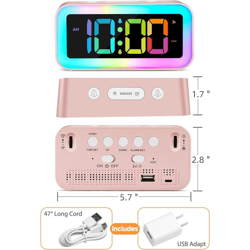 Cute Pink Loud Alarm Clock with RGB Night Light - Perfect for Girls Room Decor and Kawaii Gifts, Small Size for Bedside or Desk Lamp in Bedrooms, Ideal for Kids, Teens (Red A)